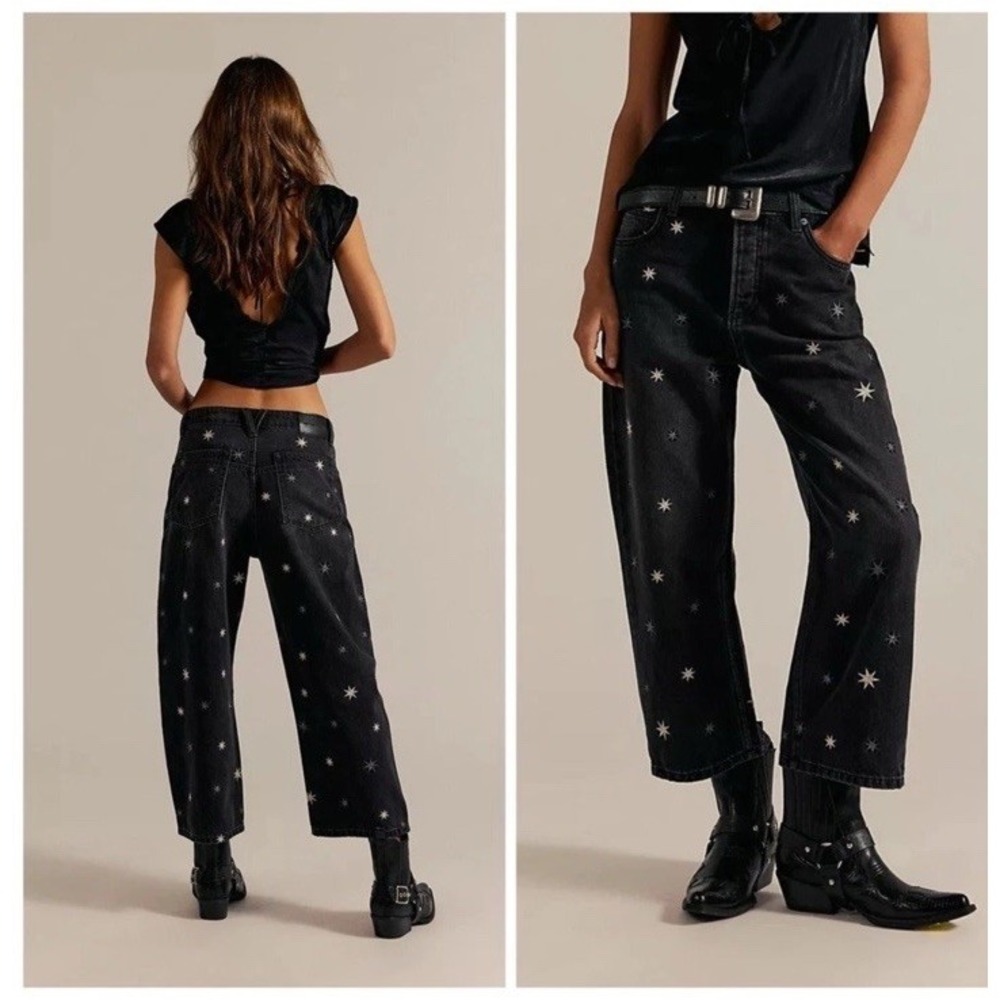 Free People Deep Trance Shine Embroidered Dropped Boyfriend Jeans Star Size 28
